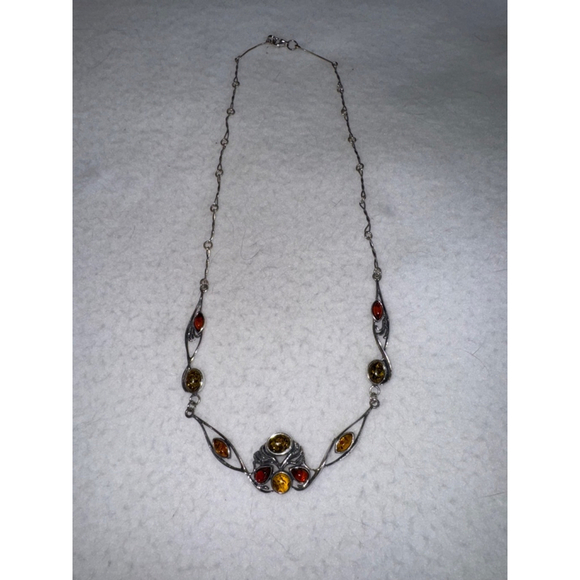 Women's 2 tone Amber Silver Necklace with twisted station link chain approx 18” - Picture 5 of 7
